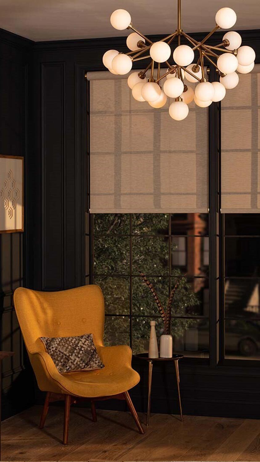 Living room with lighting and shades