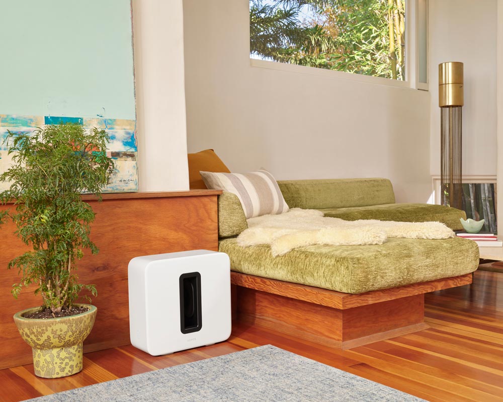 Modern Bedroom with sonos speaker on the floor